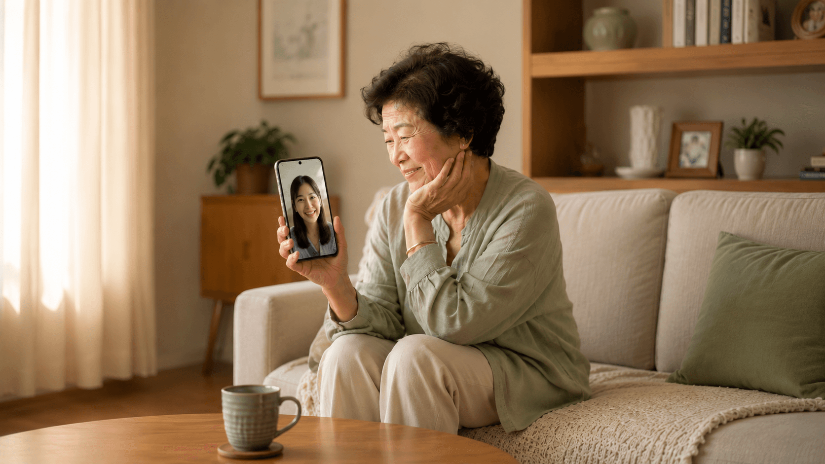 A grown daughter looking at her phone, far from her parents' home.