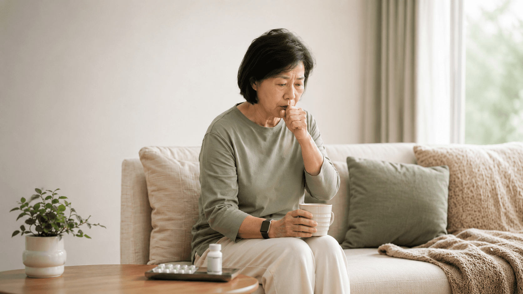 An elderly woman resting in her living room, small daily changes going unnoticed.